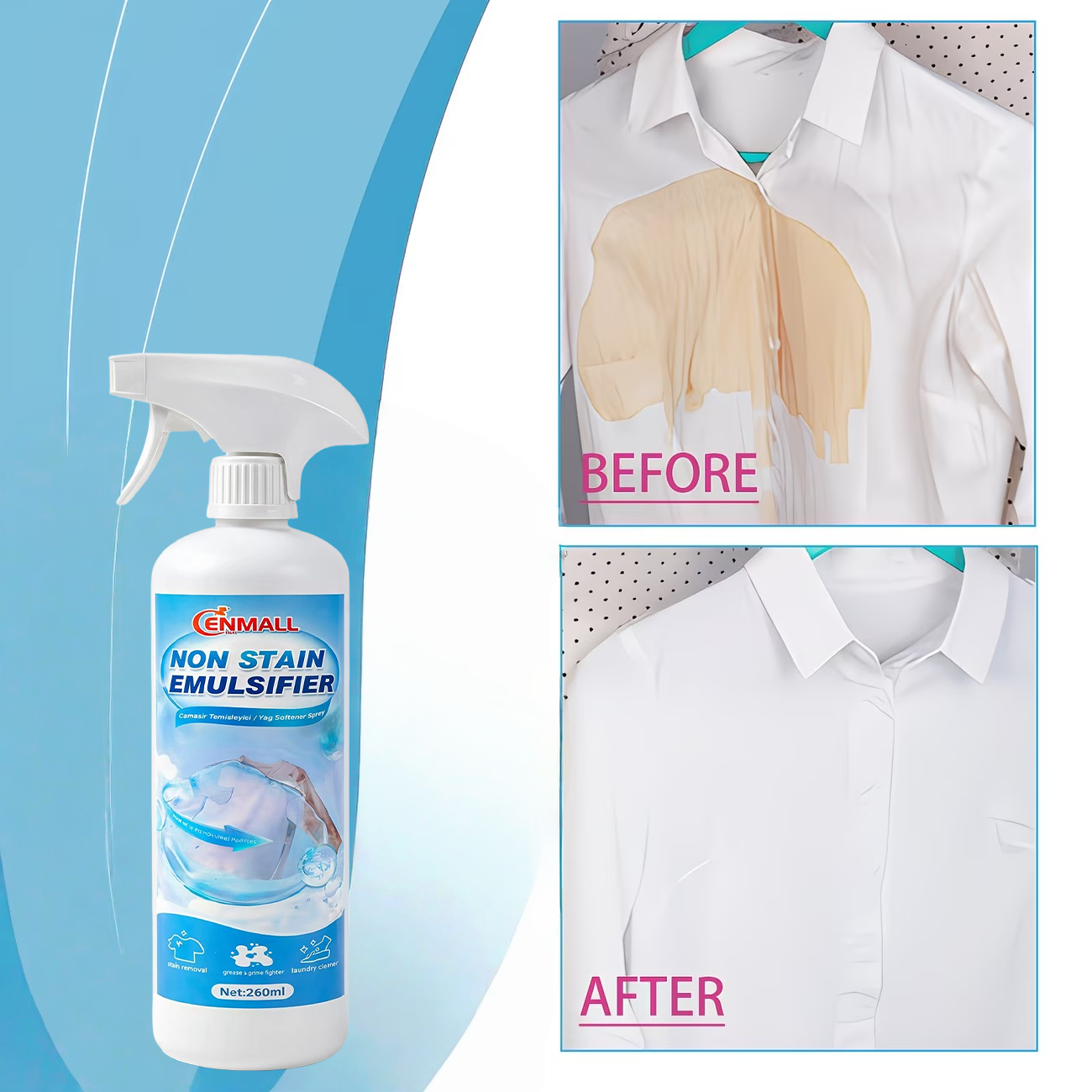 ENMALL Stain Remover Spray | Removes food stains, grease stains, fruit stains, coffee stains, and household fabric stains. Suitable for various occasions - carpets, mattresses, sofas, all types of textiles, hot pot and barbecue parties.