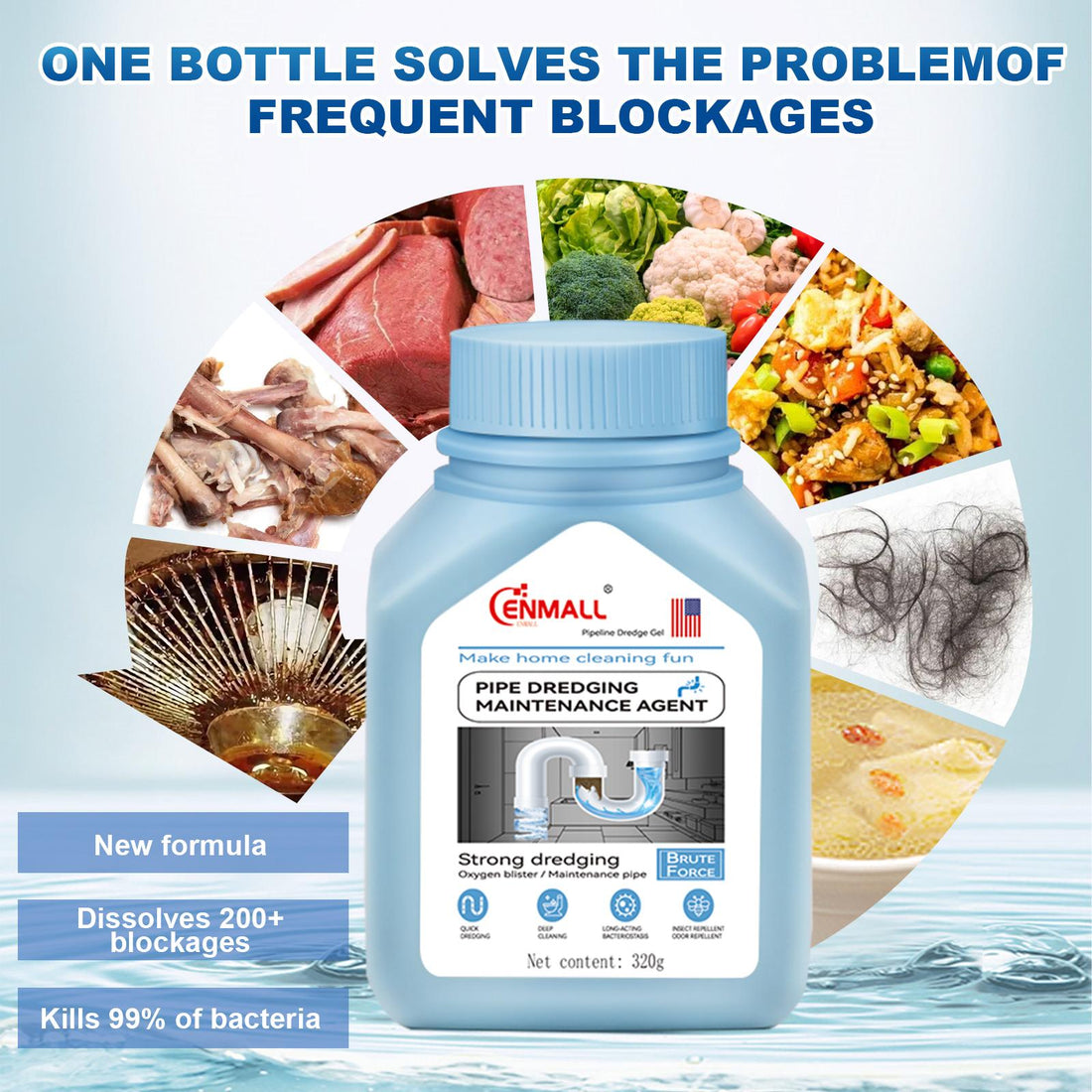 [Limited-time Promotion] ENMALL Powerful household safety grade oil pipe, drain cleaner,sewer, bathroom unblocker - dissolves blockages ,can be used in your home,from the kitchen sink to the washbasin,toilet,floor drain and so on